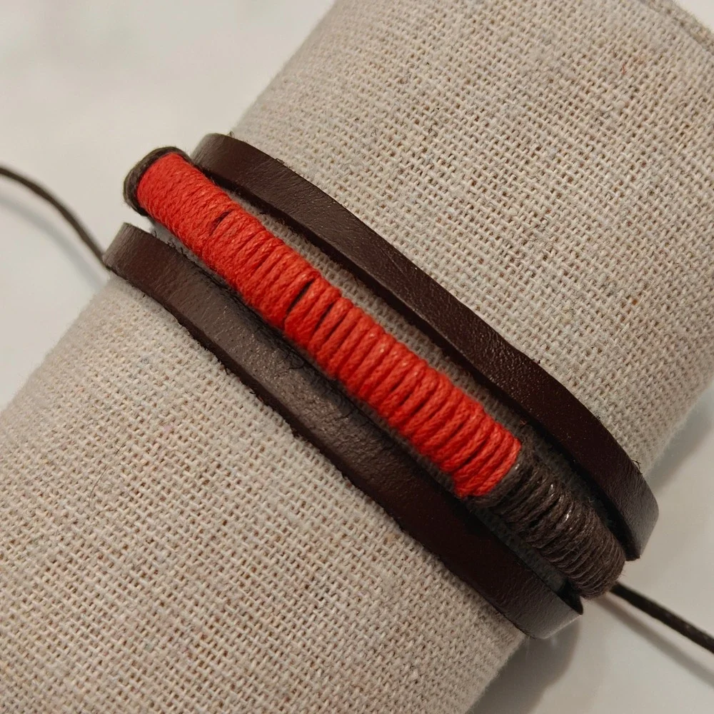 Mens Brown Faux‎ Leather Wrap Bracelet Red Orange Cord  Adjustable Sliding Knot